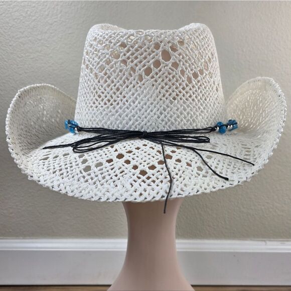 ?NIB White & Turquoise Beaded Straw Cowgirl Hat main image 5